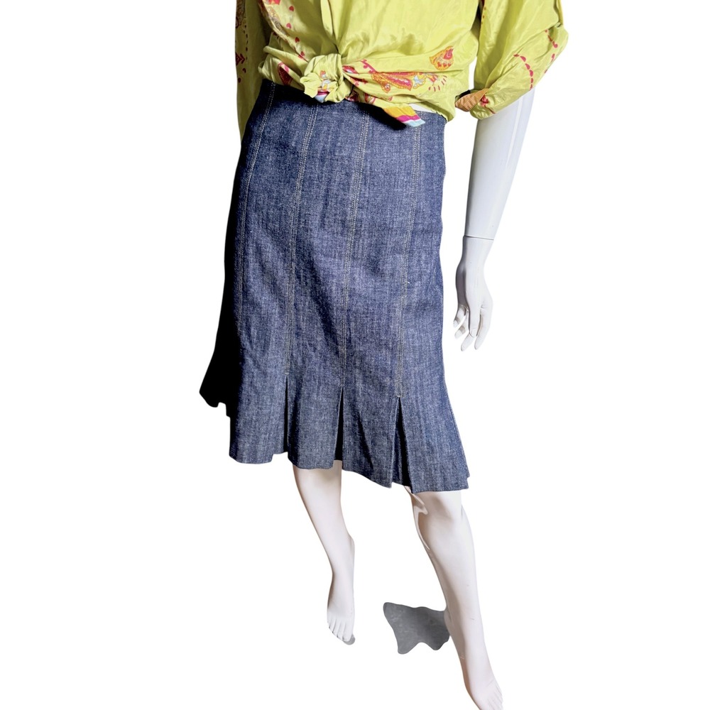 Acorn Blue Raw Denim Look Stretch Midi Skirt Size 8 Pleated Hem Indigo